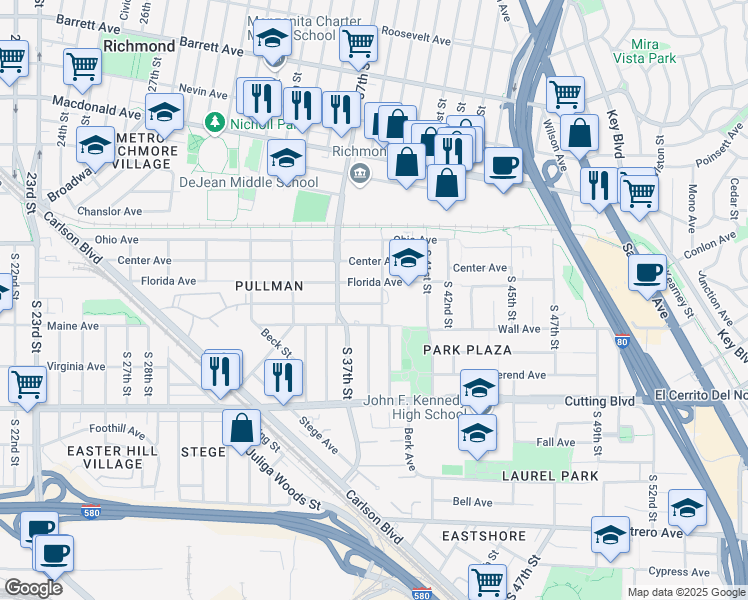 map of restaurants, bars, coffee shops, grocery stores, and more near 3827 Waller Avenue in Richmond