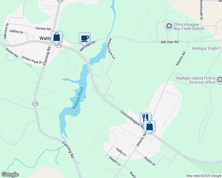 map of restaurants, bars, coffee shops, grocery stores, and more near 8019 Hickman Farm Road in Wallops Island