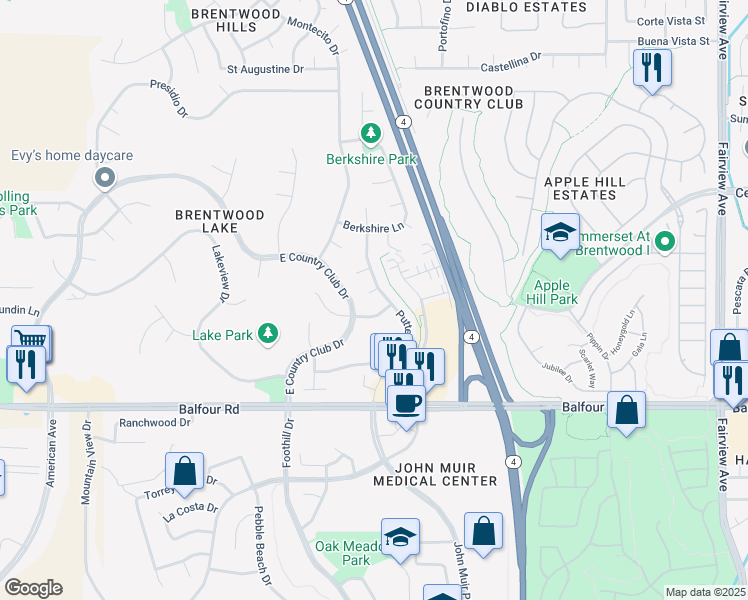 map of restaurants, bars, coffee shops, grocery stores, and more near 2254 Merion Court in Brentwood