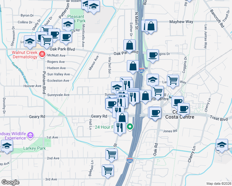 map of restaurants, bars, coffee shops, grocery stores, and more near in Walnut Creek