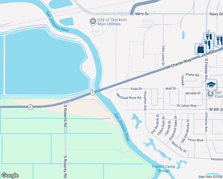 map of restaurants, bars, coffee shops, grocery stores, and more near 3027 Volpi Drive in Stockton