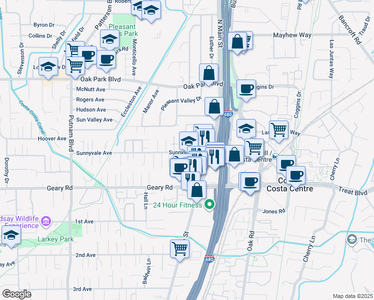 map of restaurants, bars, coffee shops, grocery stores, and more near 1578 Sunnyvale Avenue in Walnut Creek