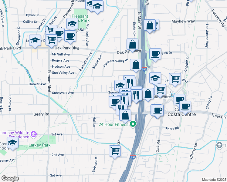 map of restaurants, bars, coffee shops, grocery stores, and more near 1578 Sunnyvale Avenue in Walnut Creek