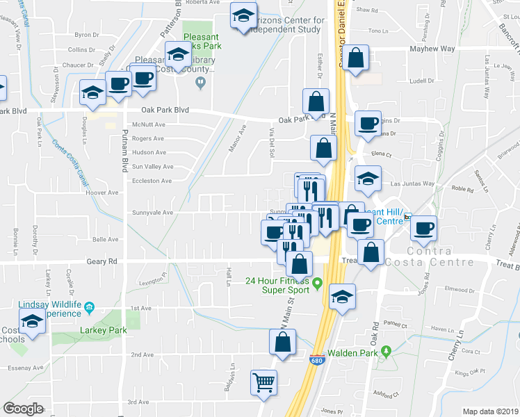 map of restaurants, bars, coffee shops, grocery stores, and more near 1101 Roxie Lane in Walnut Creek