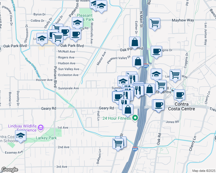 map of restaurants, bars, coffee shops, grocery stores, and more near 1101 Roxie Lane in Walnut Creek