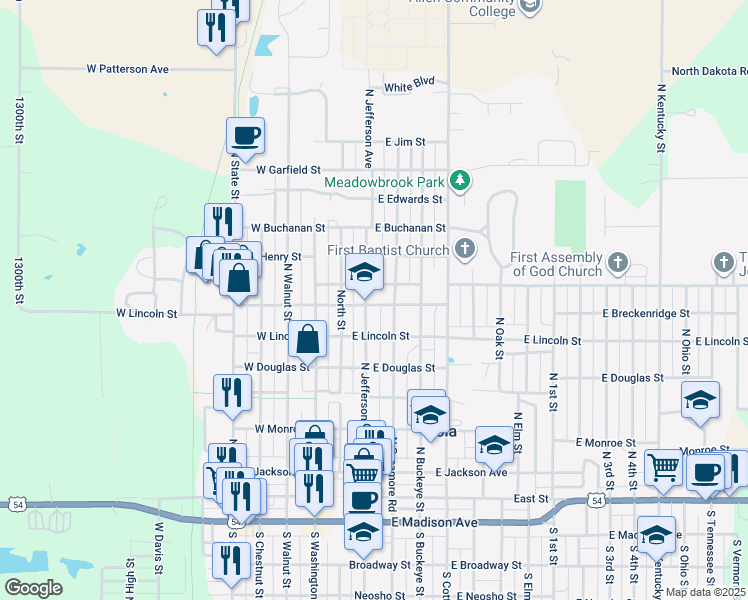 map of restaurants, bars, coffee shops, grocery stores, and more near 700 North Jefferson Avenue in Iola
