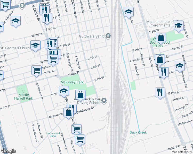 map of restaurants, bars, coffee shops, grocery stores, and more near 535 East 9th Street in Stockton