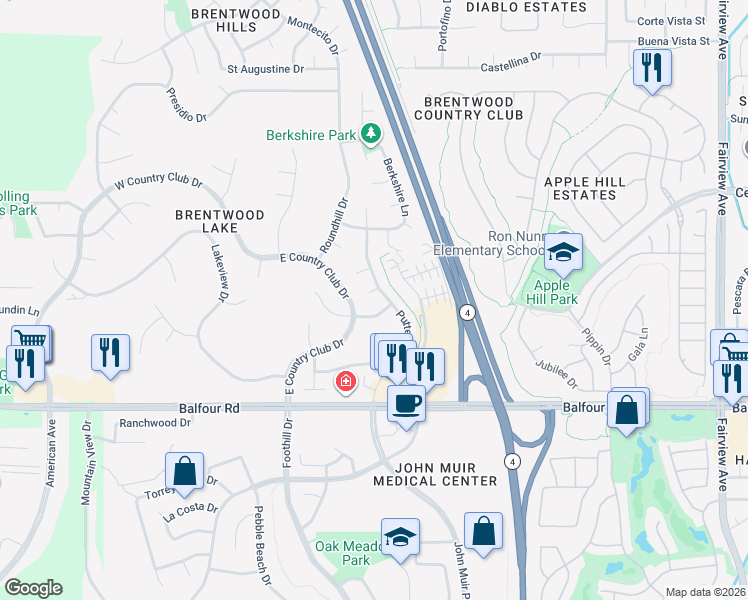 map of restaurants, bars, coffee shops, grocery stores, and more near 2254 Merion Court in Brentwood