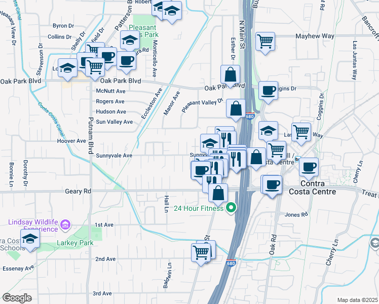 map of restaurants, bars, coffee shops, grocery stores, and more near 1100 Roxie Lane in Walnut Creek