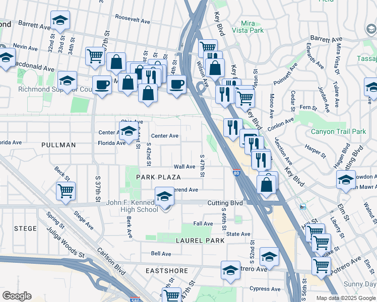 map of restaurants, bars, coffee shops, grocery stores, and more near 233 South 46th Street in Richmond