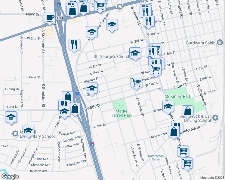 map of restaurants, bars, coffee shops, grocery stores, and more near 356 Delhi Avenue in Stockton