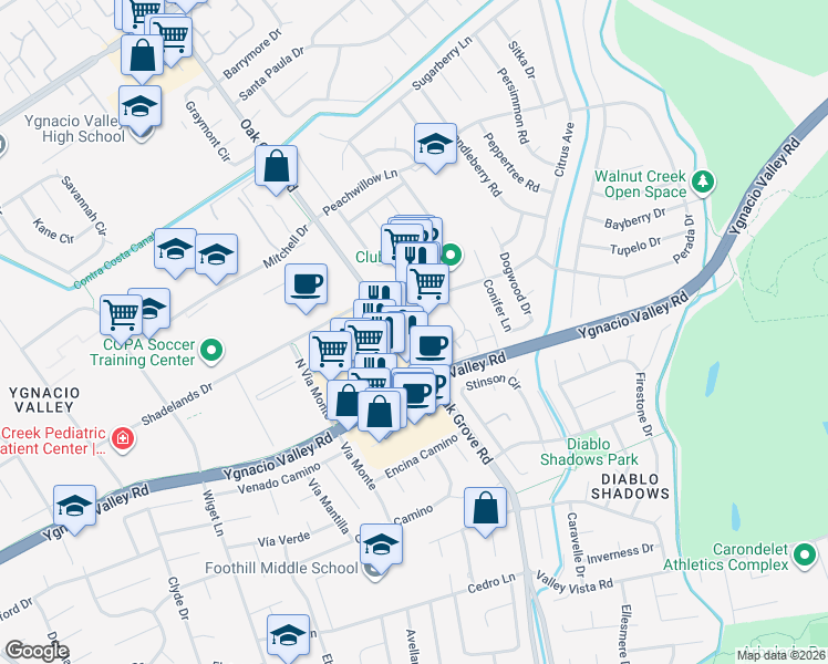 map of restaurants, bars, coffee shops, grocery stores, and more near 3003 Citrus Circle in Walnut Creek