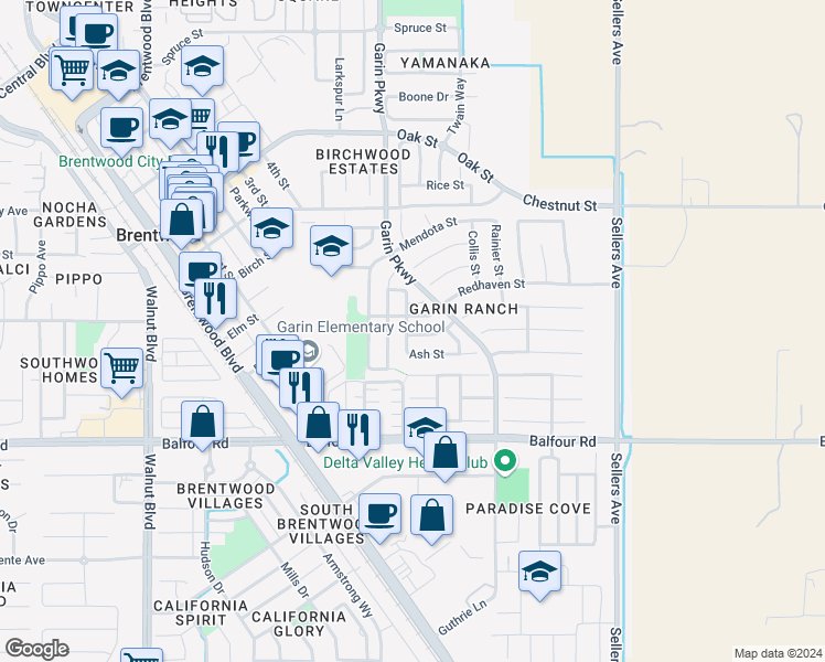map of restaurants, bars, coffee shops, grocery stores, and more near 553 Ash Street in Brentwood