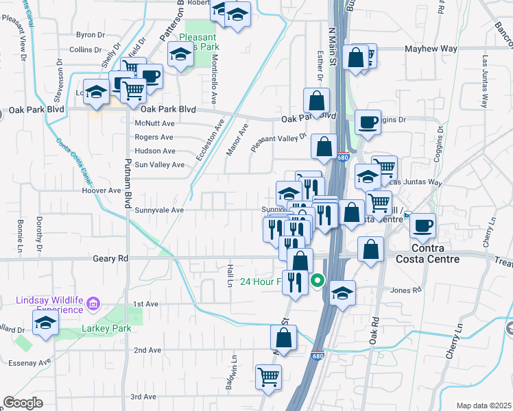 map of restaurants, bars, coffee shops, grocery stores, and more near 1101 Roxie Lane in Walnut Creek