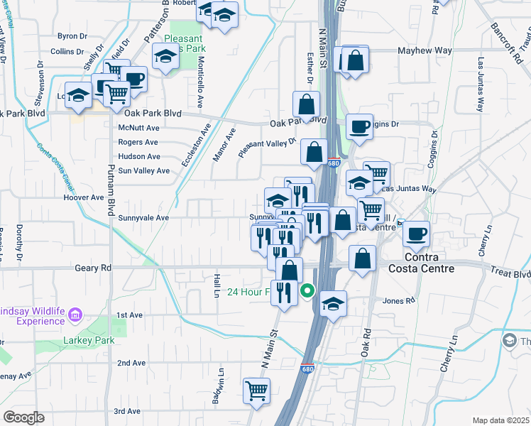 map of restaurants, bars, coffee shops, grocery stores, and more near 1578 Sunnyvale Avenue in Walnut Creek