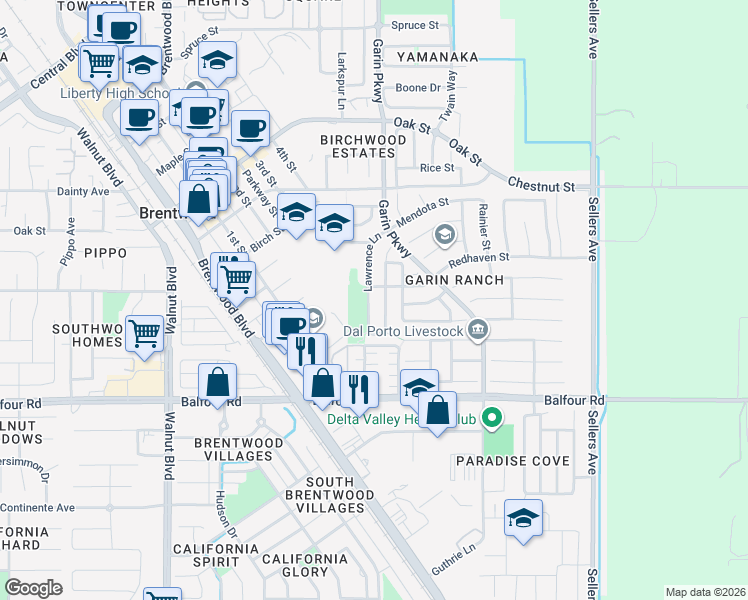map of restaurants, bars, coffee shops, grocery stores, and more near 214 Lawrence Lane in Brentwood
