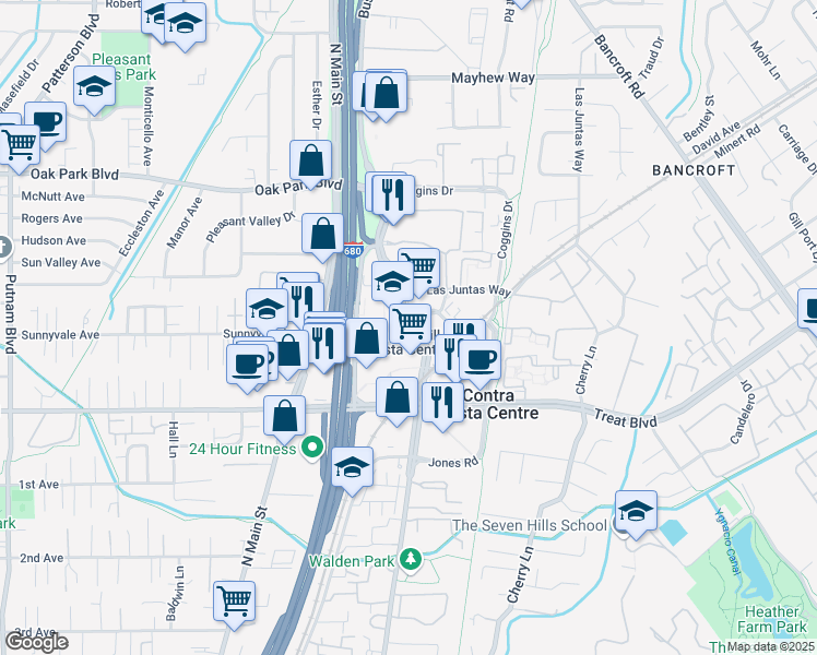 map of restaurants, bars, coffee shops, grocery stores, and more near 3001 Oak Road in Walnut Creek