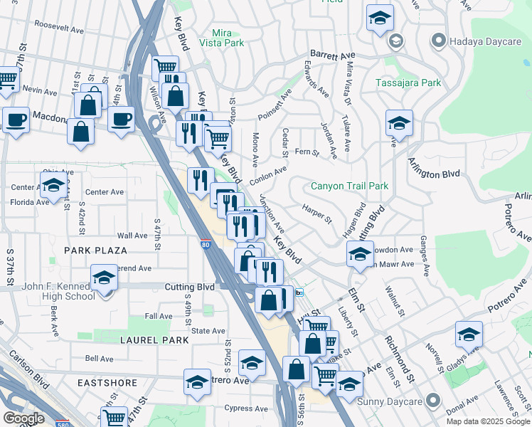 map of restaurants, bars, coffee shops, grocery stores, and more near 2053 Junction Avenue in El Cerrito