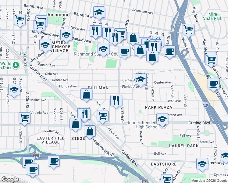 map of restaurants, bars, coffee shops, grocery stores, and more near 3611 Waller Avenue in Richmond