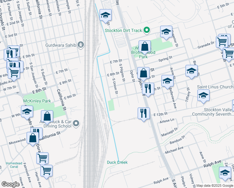 map of restaurants, bars, coffee shops, grocery stores, and more near 2340 South Union Street in Stockton