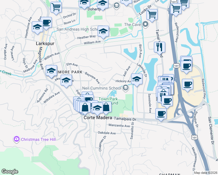 map of restaurants, bars, coffee shops, grocery stores, and more near 155 Pixley Avenue in Corte Madera