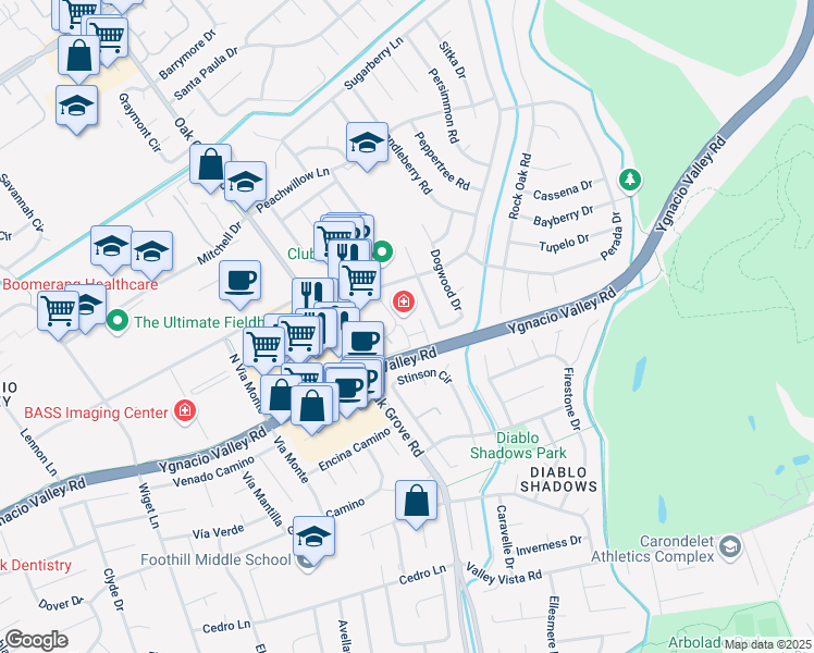 map of restaurants, bars, coffee shops, grocery stores, and more near 313 Hamlin Loop in Walnut Creek