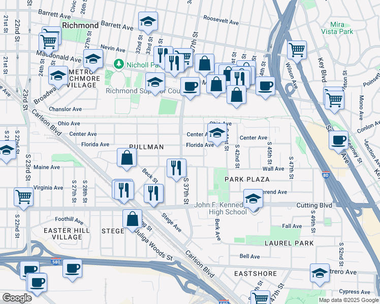map of restaurants, bars, coffee shops, grocery stores, and more near 3727 Waller Avenue in Richmond
