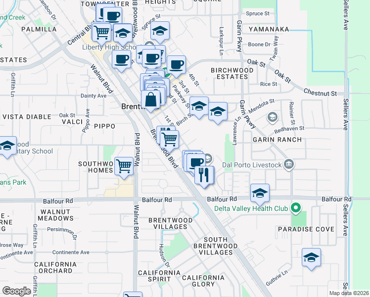 map of restaurants, bars, coffee shops, grocery stores, and more near 351 1st Street in Brentwood