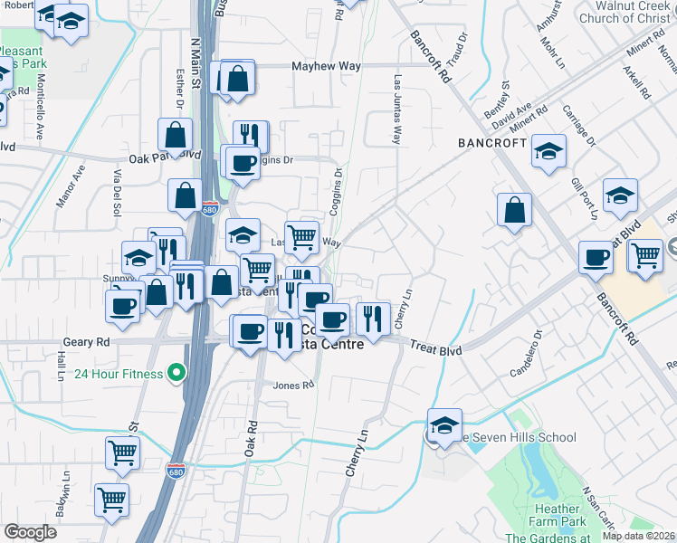 map of restaurants, bars, coffee shops, grocery stores, and more near 1178 Honey Trail in Walnut Creek