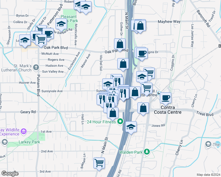 map of restaurants, bars, coffee shops, grocery stores, and more near 1504 Sunnyvale Avenue in Walnut Creek