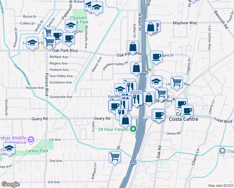 map of restaurants, bars, coffee shops, grocery stores, and more near 1578 Sunnyvale Avenue in Walnut Creek