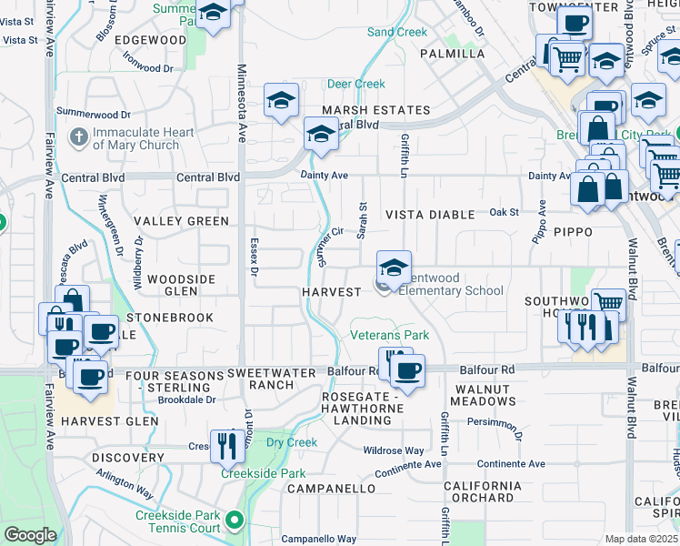 map of restaurants, bars, coffee shops, grocery stores, and more near 473 Amberleaf Way in Brentwood