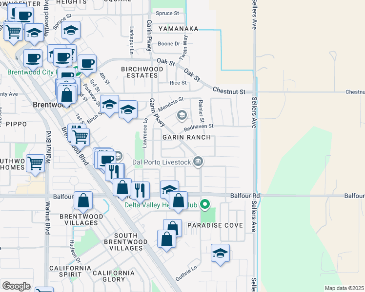 map of restaurants, bars, coffee shops, grocery stores, and more near 350 Oleander Street in Brentwood