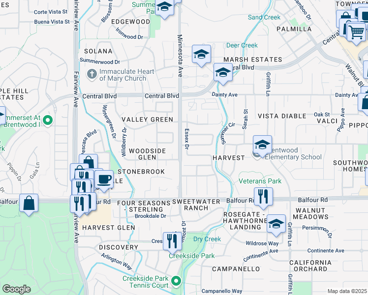 map of restaurants, bars, coffee shops, grocery stores, and more near 285 Essex Drive in Brentwood