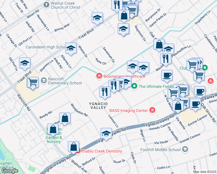 map of restaurants, bars, coffee shops, grocery stores, and more near 375 North Wiget Lane in Walnut Creek