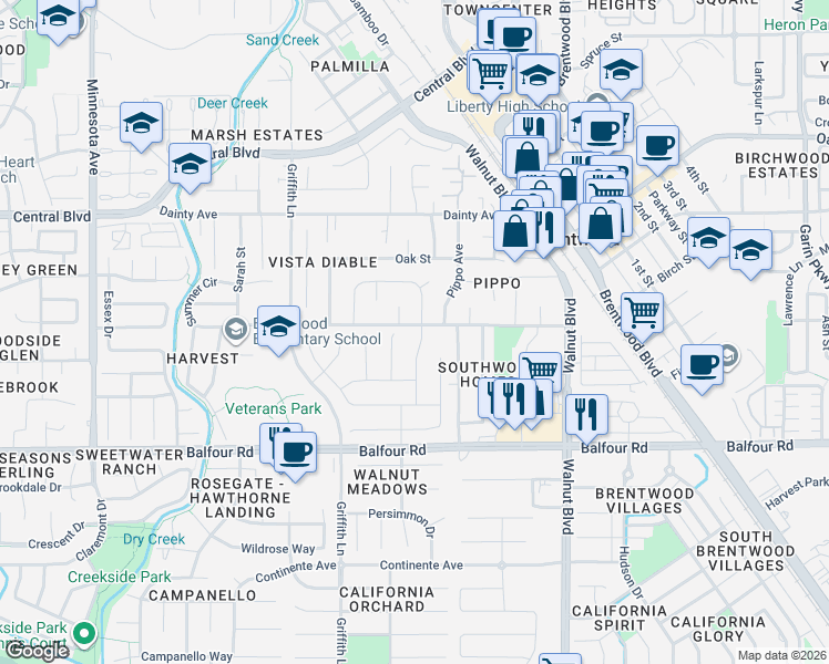 map of restaurants, bars, coffee shops, grocery stores, and more near 162 Fisher Court in Brentwood