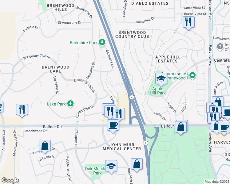 map of restaurants, bars, coffee shops, grocery stores, and more near 321 Cortona Way in Brentwood