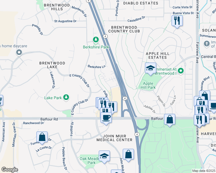 map of restaurants, bars, coffee shops, grocery stores, and more near 321 Cortona Way in Brentwood