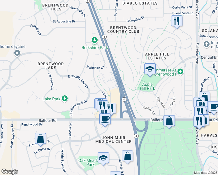 map of restaurants, bars, coffee shops, grocery stores, and more near 327 Cortona Way in Brentwood