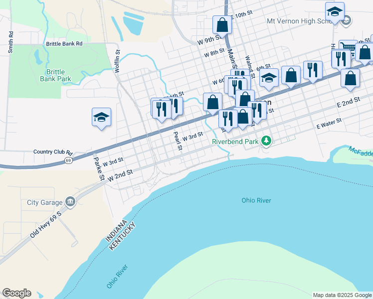 map of restaurants, bars, coffee shops, grocery stores, and more near 521 West 2nd Street in Mount Vernon