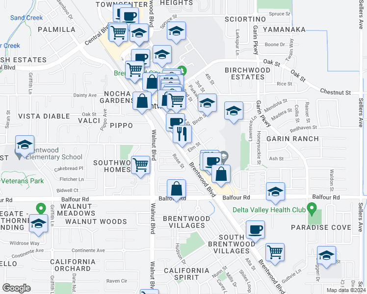 map of restaurants, bars, coffee shops, grocery stores, and more near 8530 Brentwood Boulevard in Brentwood