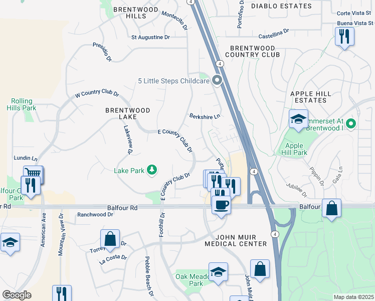 map of restaurants, bars, coffee shops, grocery stores, and more near 91 East Country Club Drive in Brentwood
