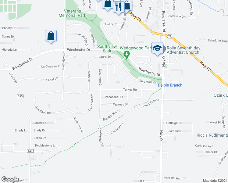 map of restaurants, bars, coffee shops, grocery stores, and more near 1004 Turkey Run in Rolla