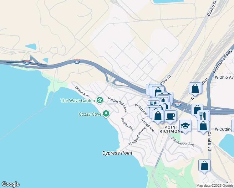 map of restaurants, bars, coffee shops, grocery stores, and more near 226 Contra Costa Street in Richmond