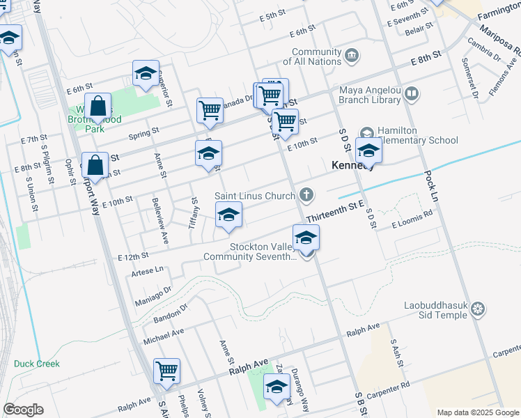 map of restaurants, bars, coffee shops, grocery stores, and more near 1843 East 12th Street in Stockton