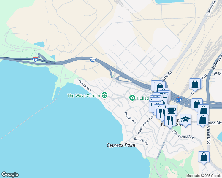 map of restaurants, bars, coffee shops, grocery stores, and more near 620 Golden Gate Avenue in Richmond