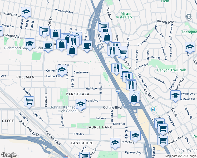 map of restaurants, bars, coffee shops, grocery stores, and more near 223 South 47th Street in Richmond
