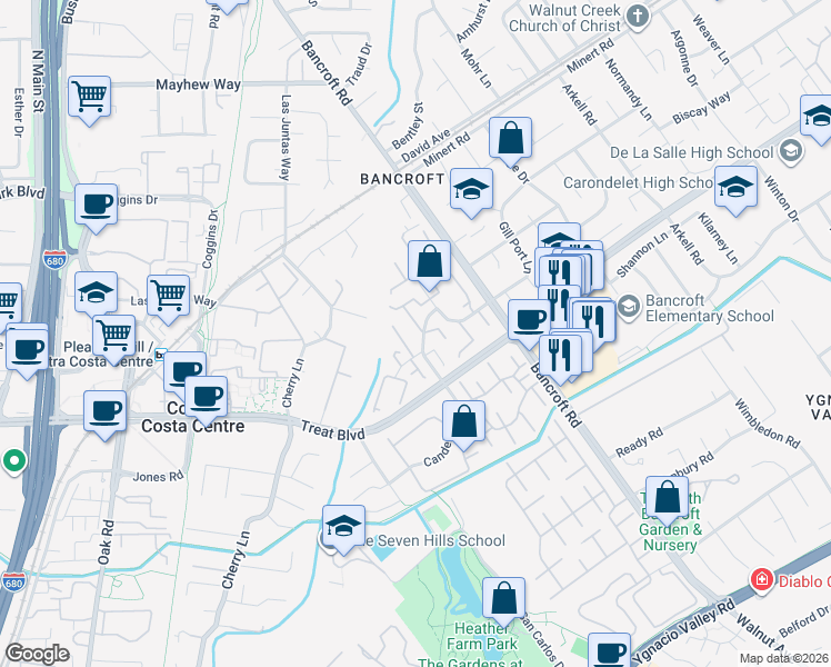 map of restaurants, bars, coffee shops, grocery stores, and more near 1575 Candelero Drive in Walnut Creek