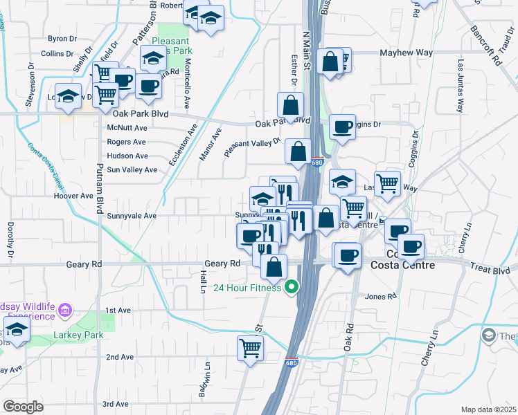 map of restaurants, bars, coffee shops, grocery stores, and more near 1578 Sunnyvale Avenue in Walnut Creek