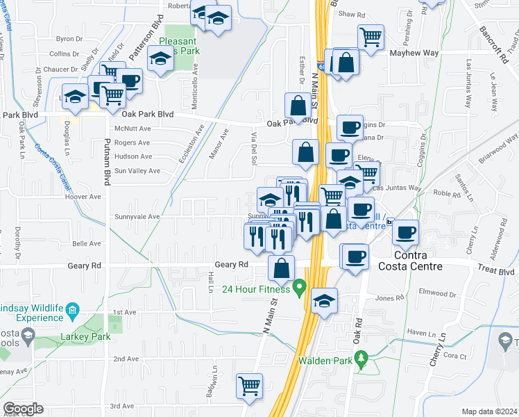 map of restaurants, bars, coffee shops, grocery stores, and more near 1578 Sunnyvale Avenue in Walnut Creek